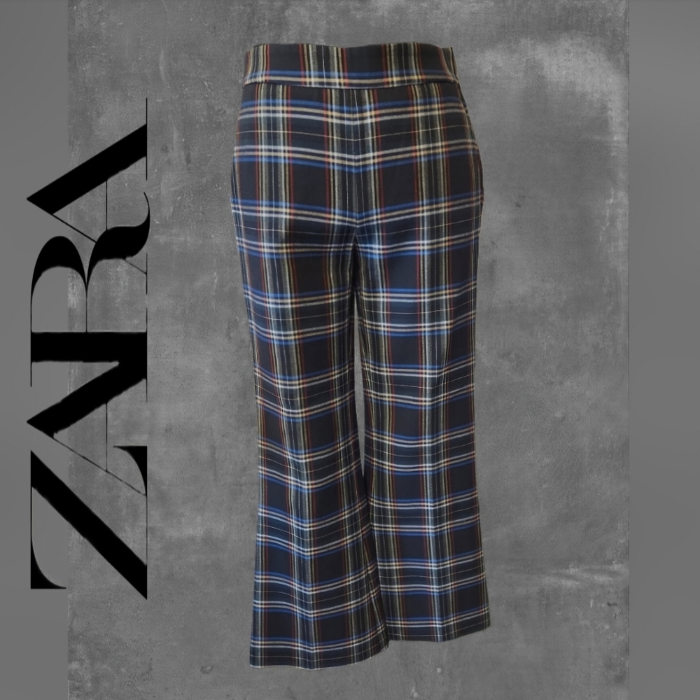 Zara Black Plaid Cropped Flared Leg Trousers Size 2 (G19)